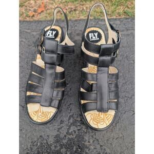 Fly London Ygor Sandals Black Leather Boho Comfort Casual Womens SZ 39 US 8-8.5